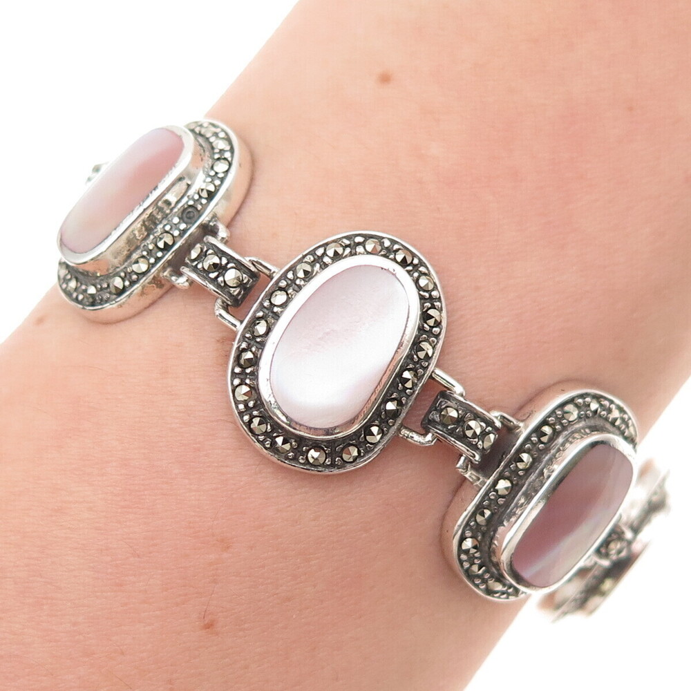 925 Sterling Silver Vintage Real MOP & Marcasite Oxidized Bracelet 7.5"